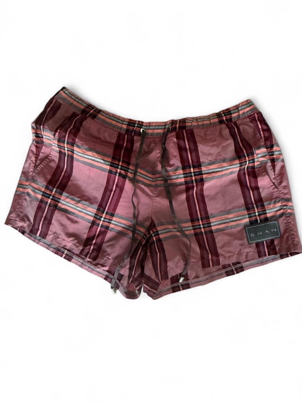 SHAN Burgundy and Pink Plaid Athletic Shorts